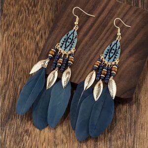 SHEIN Blue and Gold Feather Earrings
